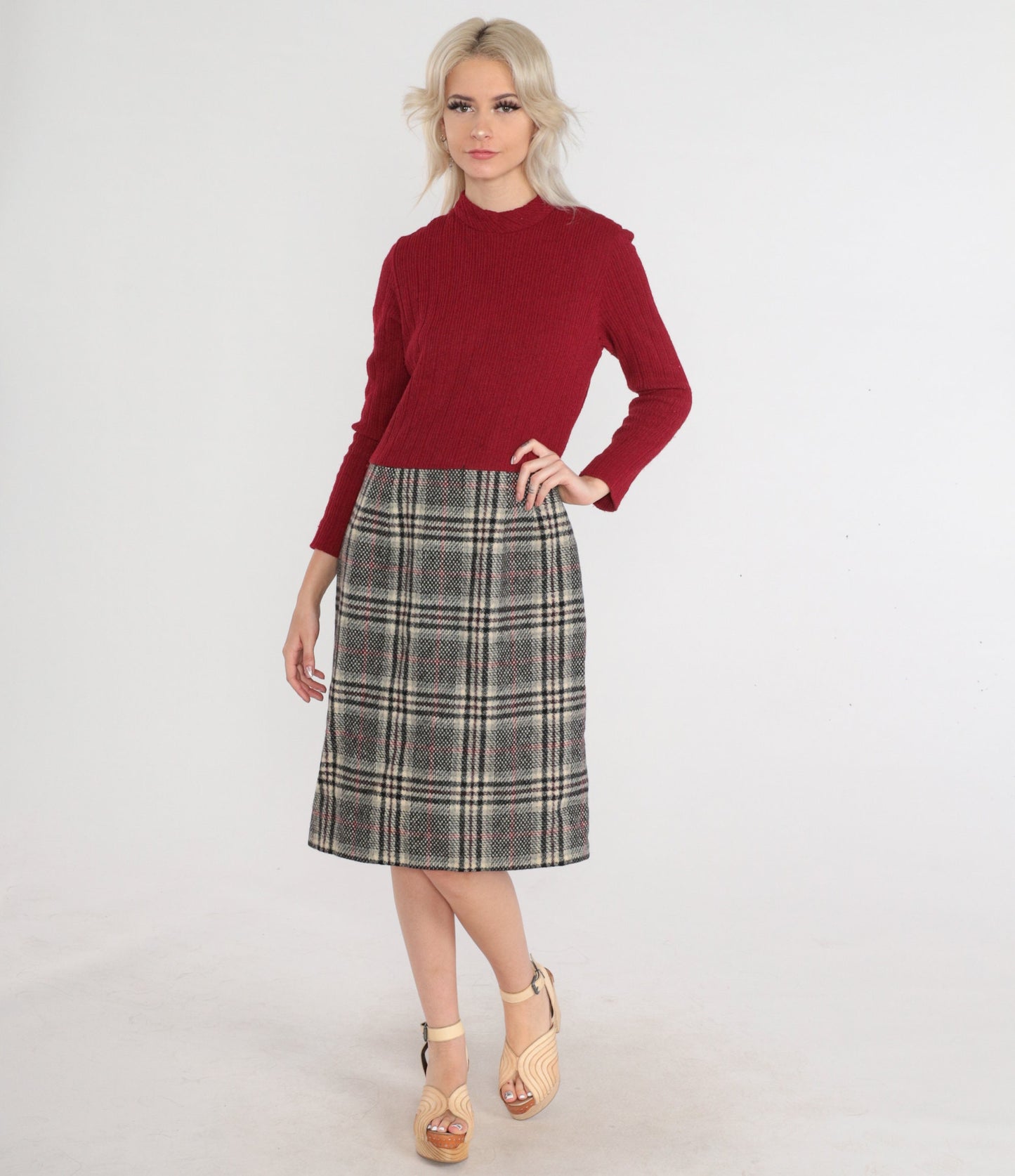 60s Dark Red Plaid Wool Blend Midi Dress Mock Neck Long Sleeve Medium