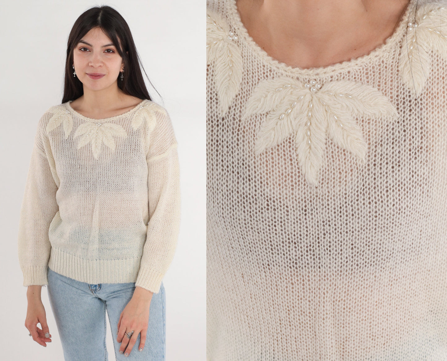80s Pearl Beaded Off-White Knit Sweater Leaf Embroidered Pullover Medium