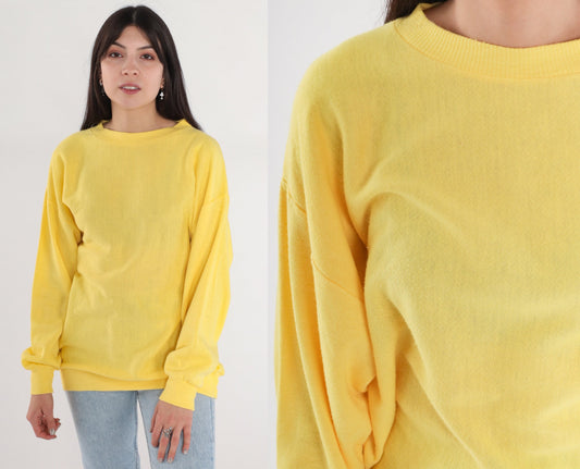 80s Yellow Crewneck Sweatshirt Plain Pullover Large L