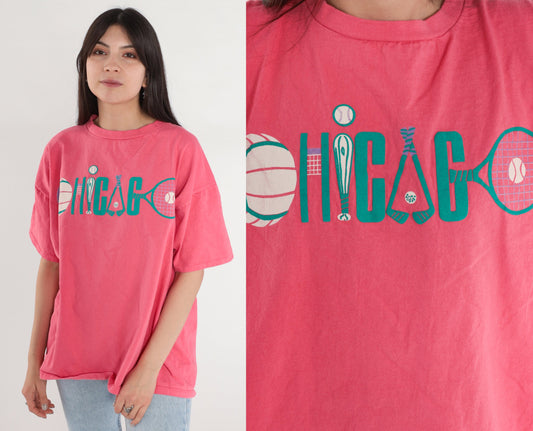 90s Chicago Sports Graphic T-Shirt Pink Cotton Tee One Size
