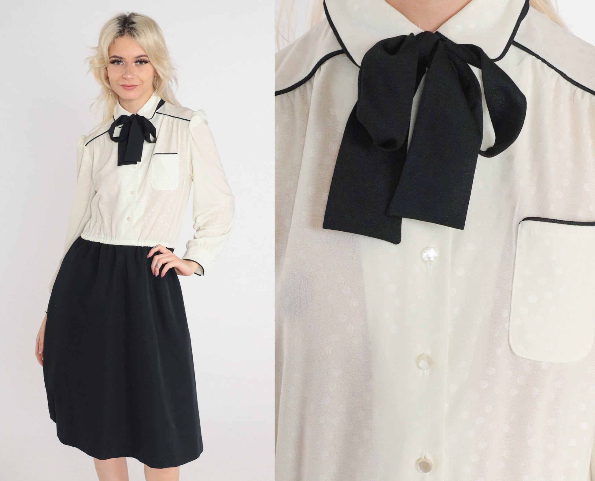 80s Black Off-White Polka Dot Puff Sleeve Mini Shirtdress Ascot Tie Small