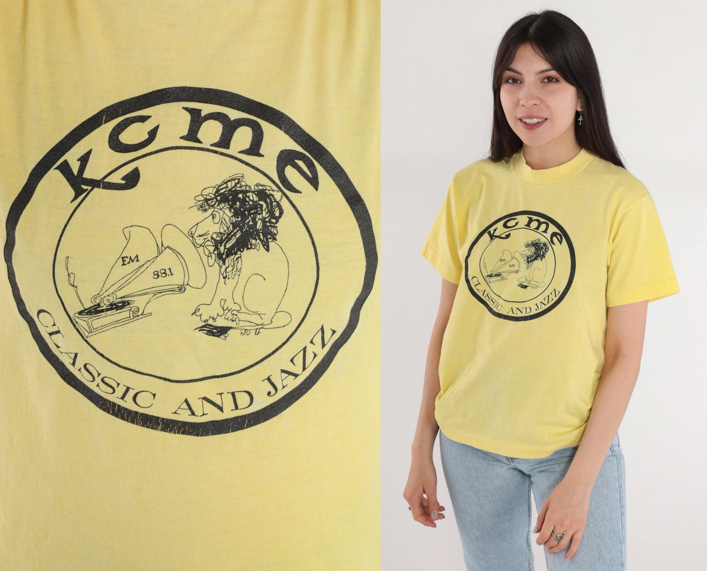 90s KCME 88.1 Radio Station Yellow Graphic T-Shirt Single Stitch Medium M