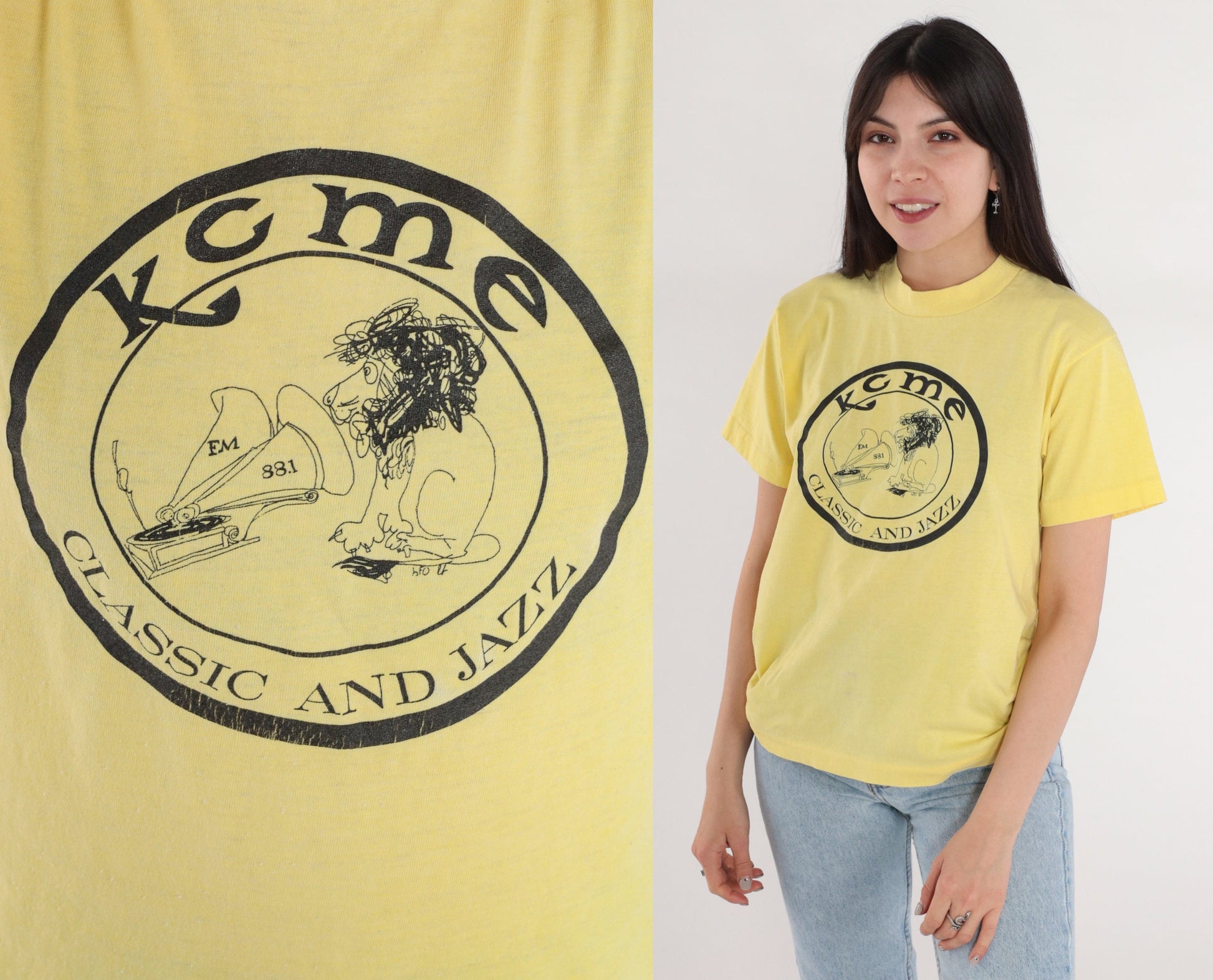 90s KCME 88.1 Radio Station Yellow Graphic T-Shirt Single Stitch Medium M
