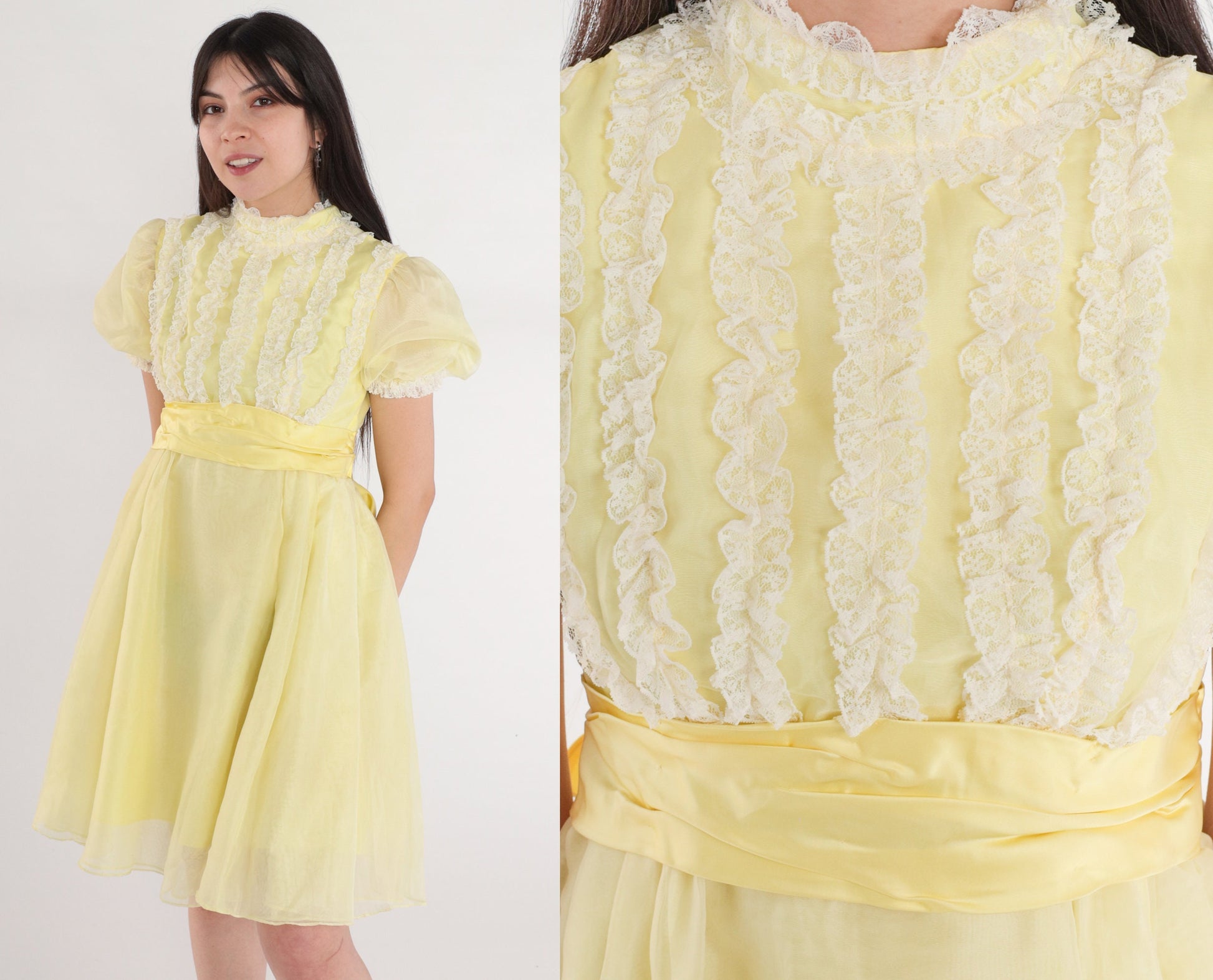 60s Yellow Mini Dress Empire Waist Puff Sleeve Lace Trim XXS