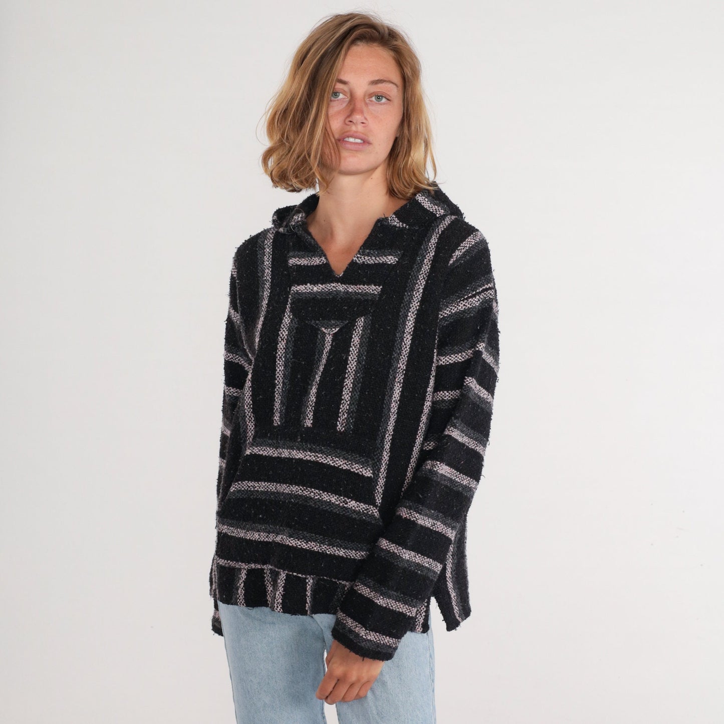 90s Mexican Baja Hoodie Black Grey White Striped Kangaroo Pocket Medium M