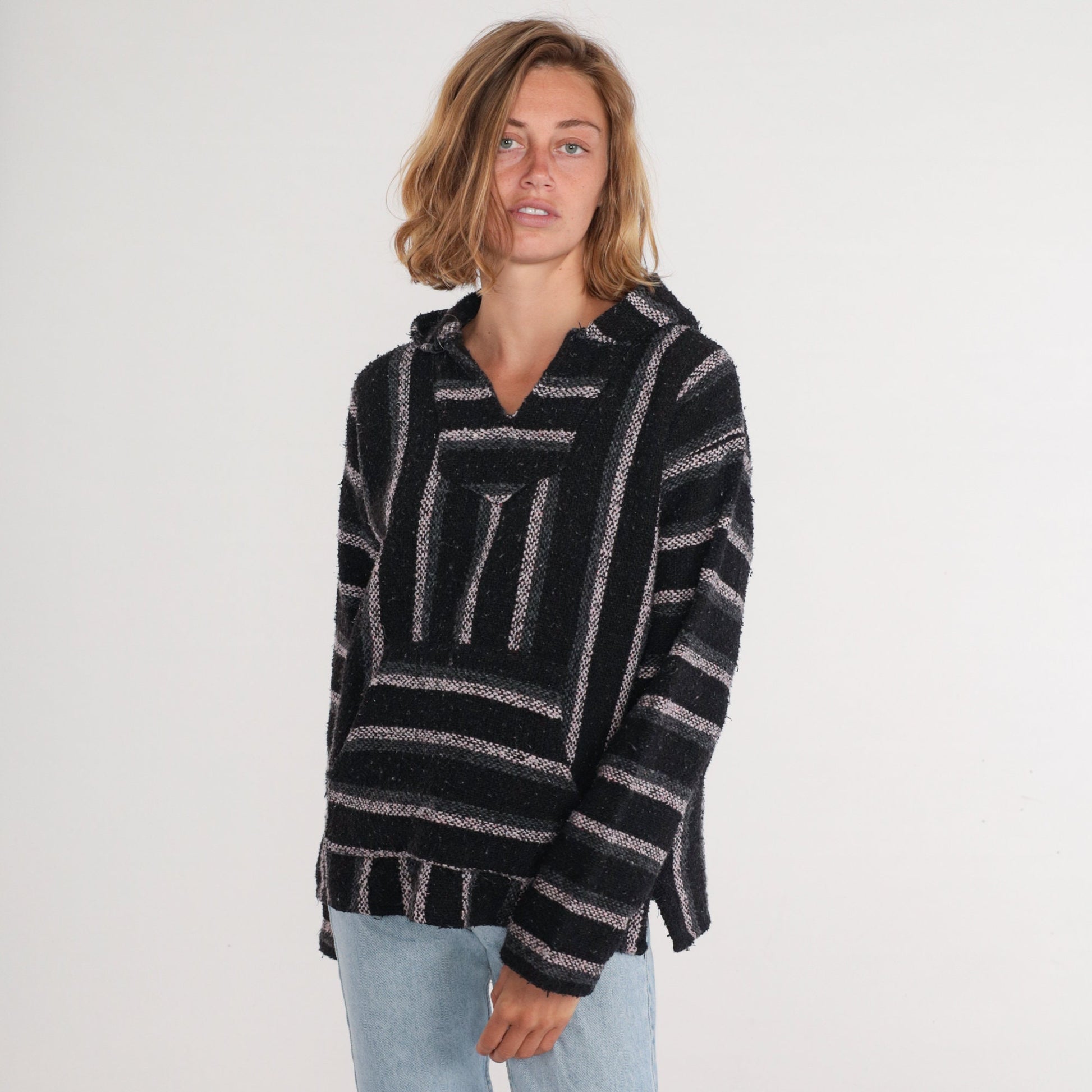 90s Mexican Baja Hoodie Black Grey White Striped Kangaroo Pocket Medium M