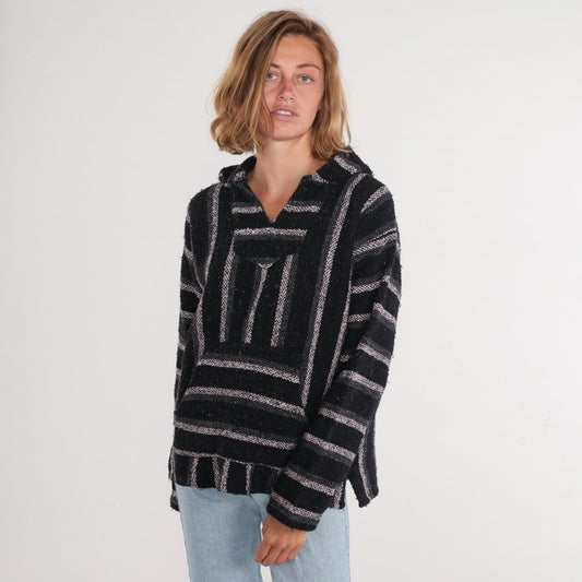 90s Mexican Baja Hoodie Black Grey White Striped Kangaroo Pocket Medium M