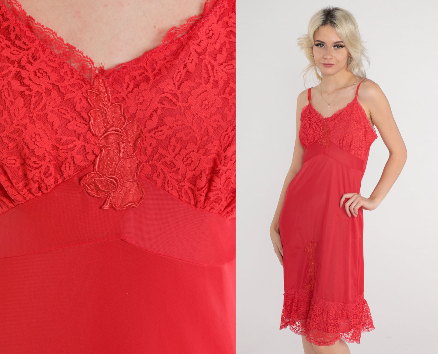 70s Red Slip Dress Floral Lace Empire Waist Spaghetti Strap Knee-Length Medium