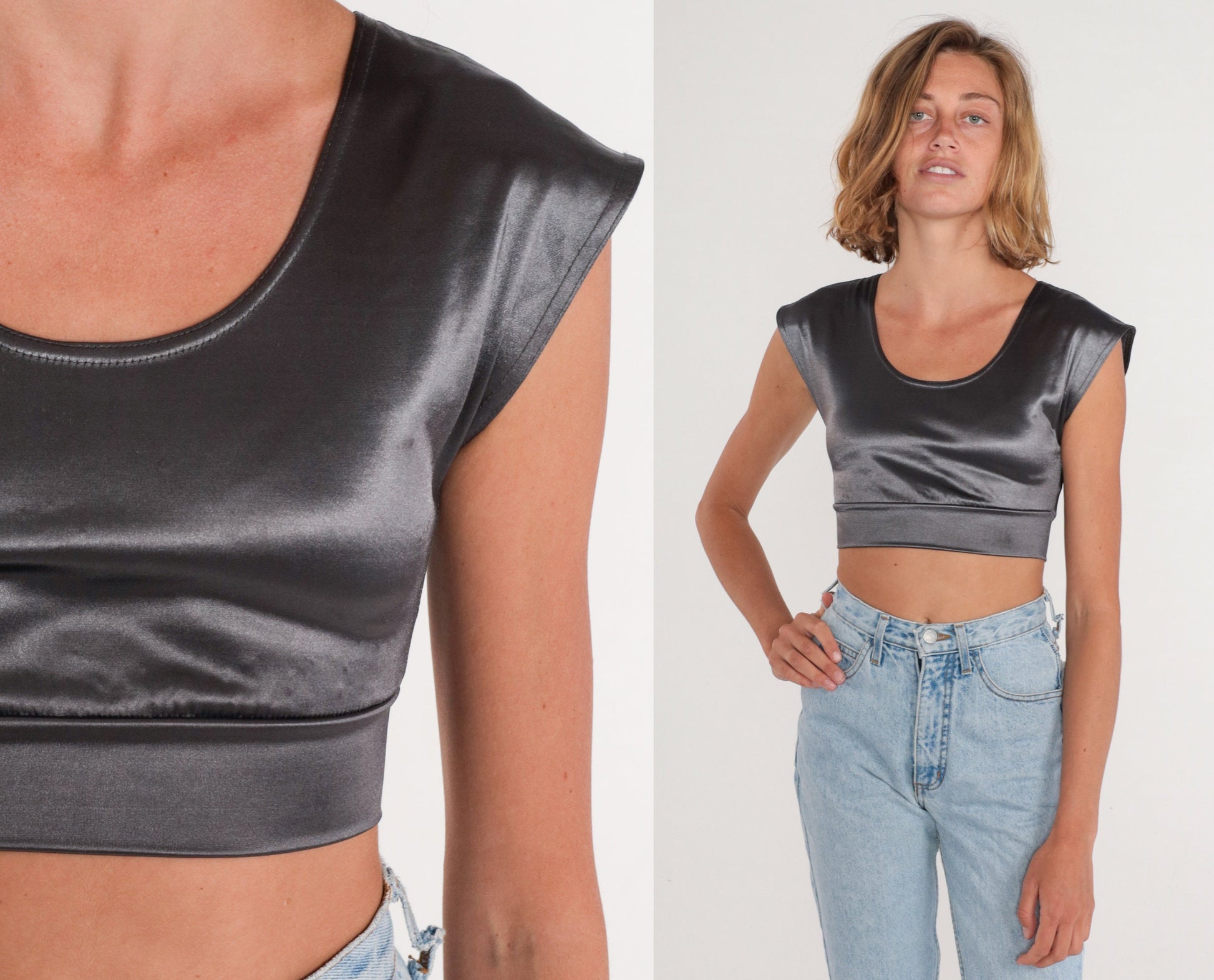 90s Contempo Casual Silver Metallic Crop Top Cap Sleeve Scoop Neck XS