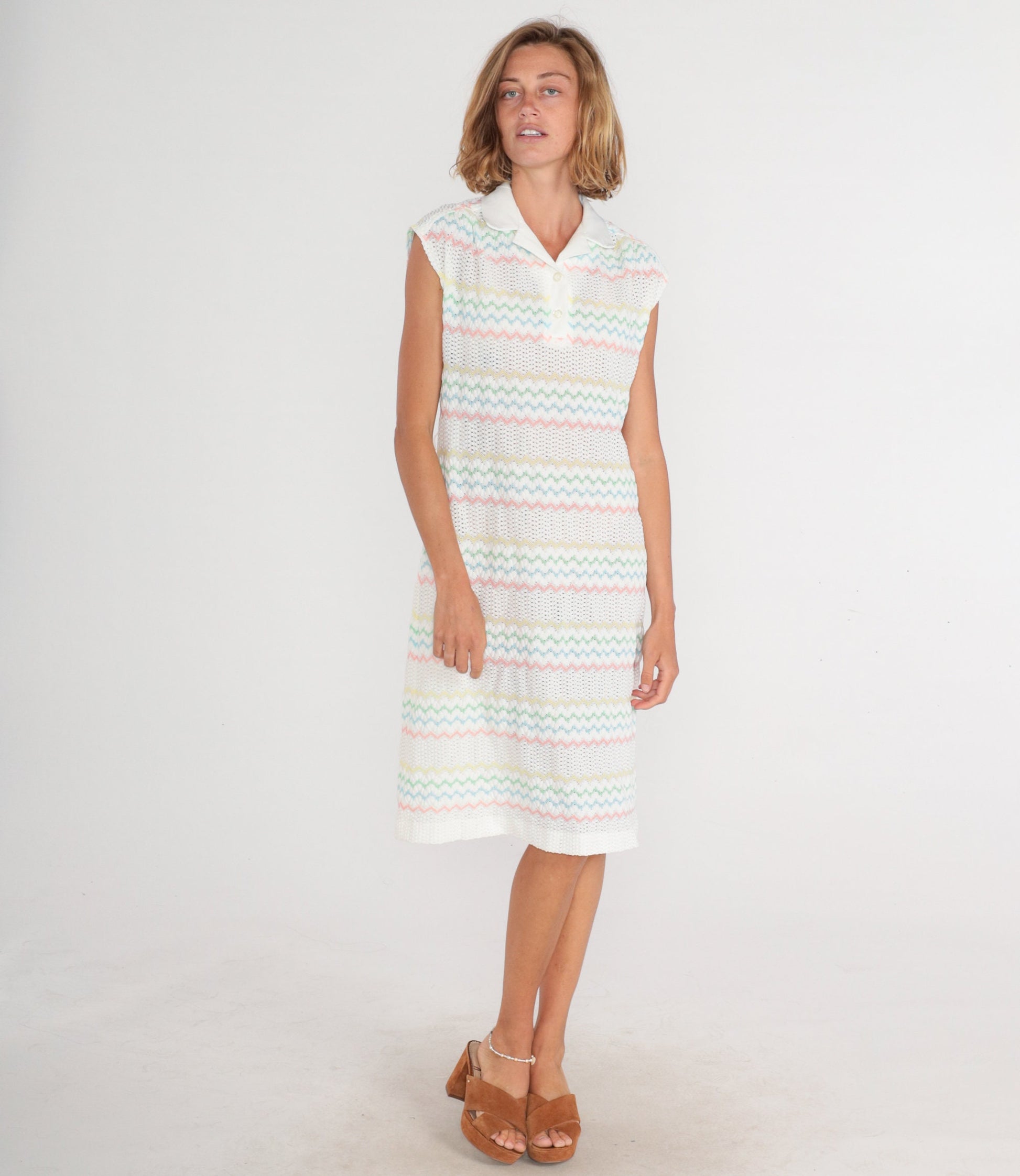 70s White Crochet Midi Dress Pastel Zigzag Striped Collared Cap Sleeve Medium