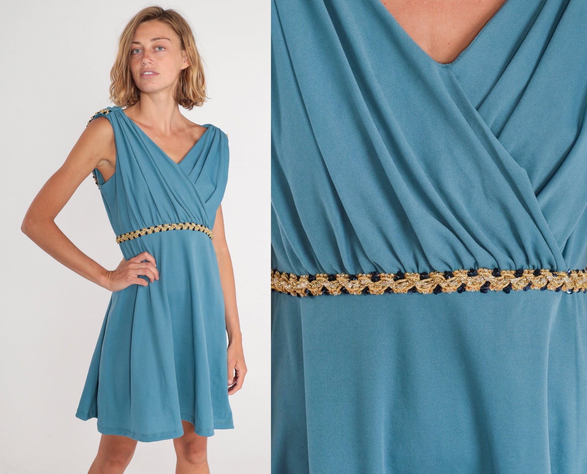 70s Blue Grecian Mini Dress Empire Waist Draped Cape Back Large