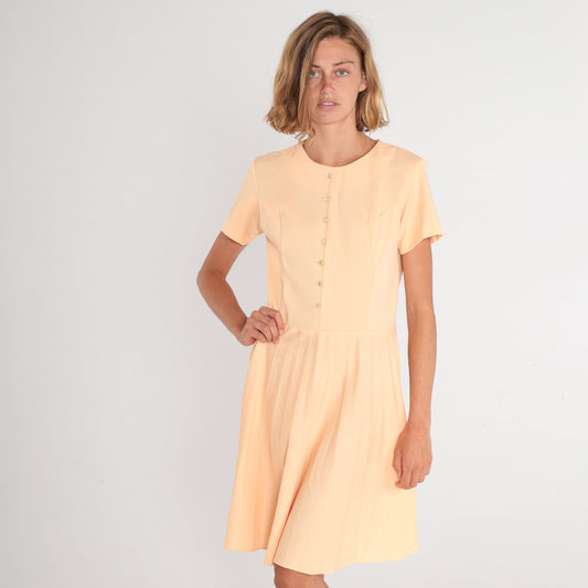 70s Peach Pleated Shirtwaist Dress Button Front High Waisted Knee Length Medium Large