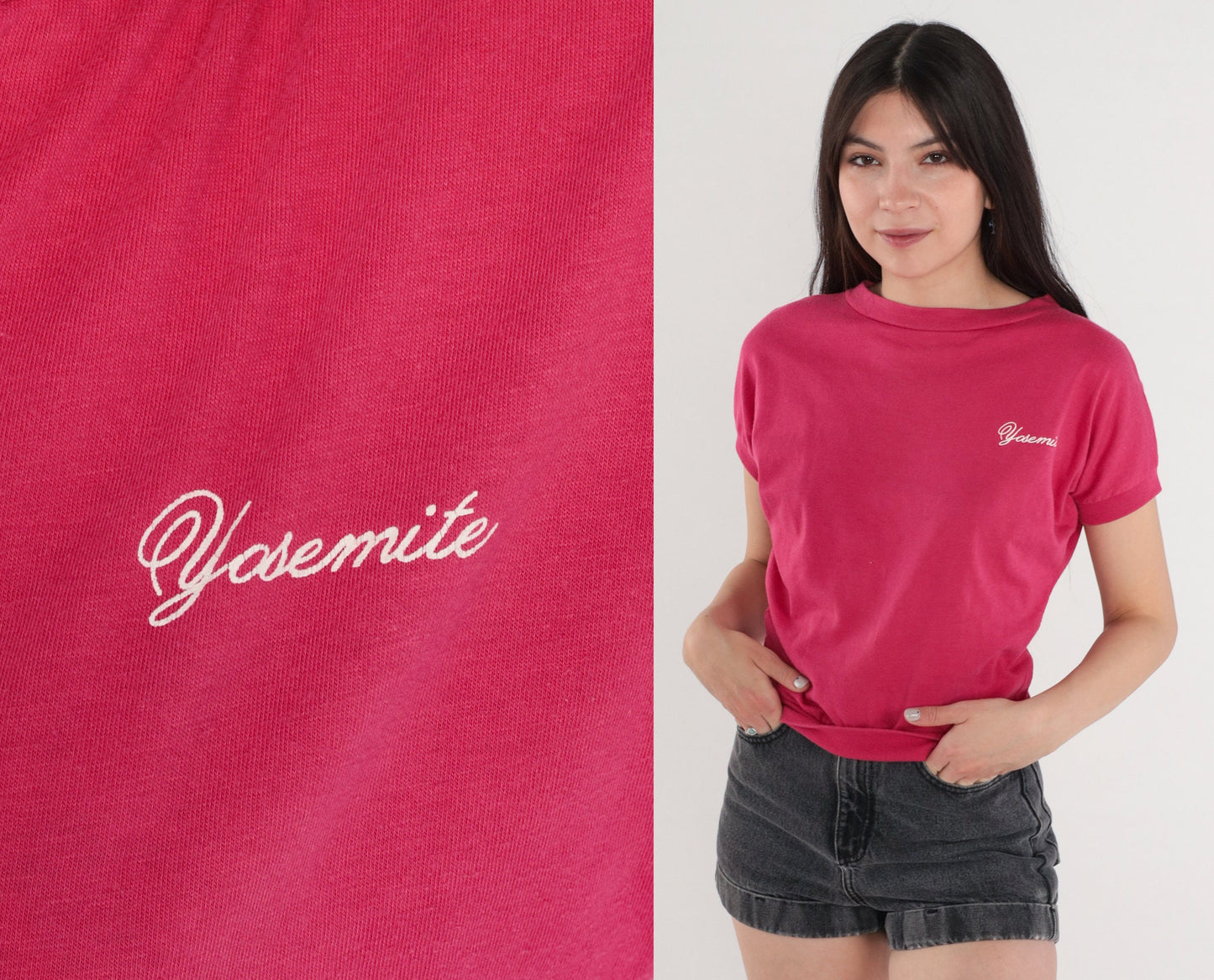 80s Yosemite National Park Embroidered T-Shirt Fuchsia Pink Banded Hem Small
