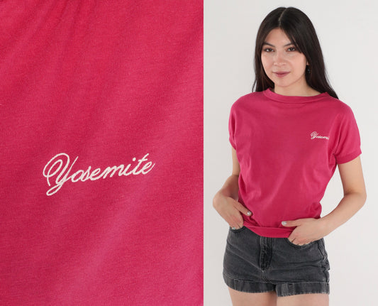 80s Yosemite National Park Embroidered T-Shirt Fuchsia Pink Banded Hem Small