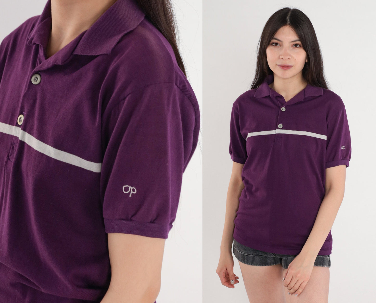 90s Ocean Pacific Polo Shirt Purple White Striped OP Logo Medium