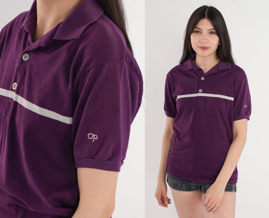 90s Ocean Pacific Polo Shirt Purple White Striped OP Logo Medium