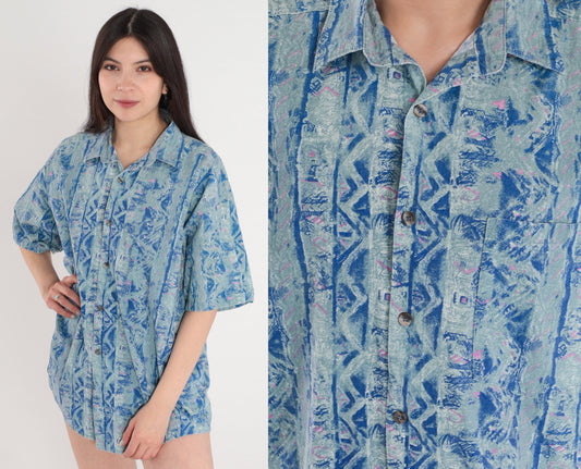 Y2K Anchor Blue Abstract Striped Button Up Shirt Men's Medium