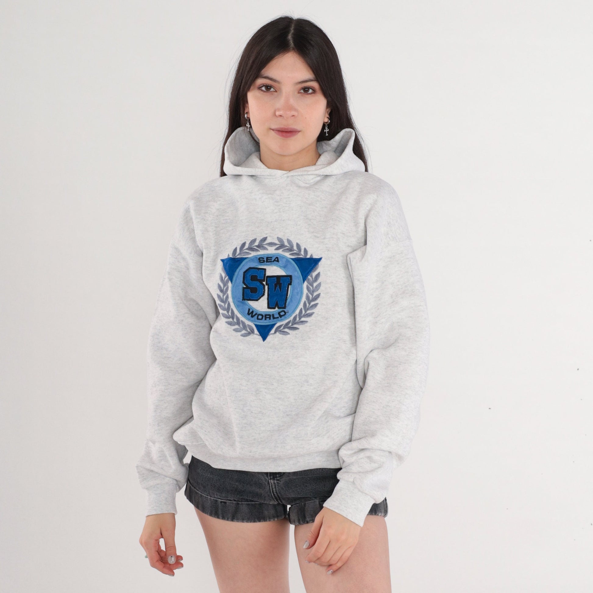 80s Sea World Hoodie Heather Grey Graphic Sweatshirt Men's Large