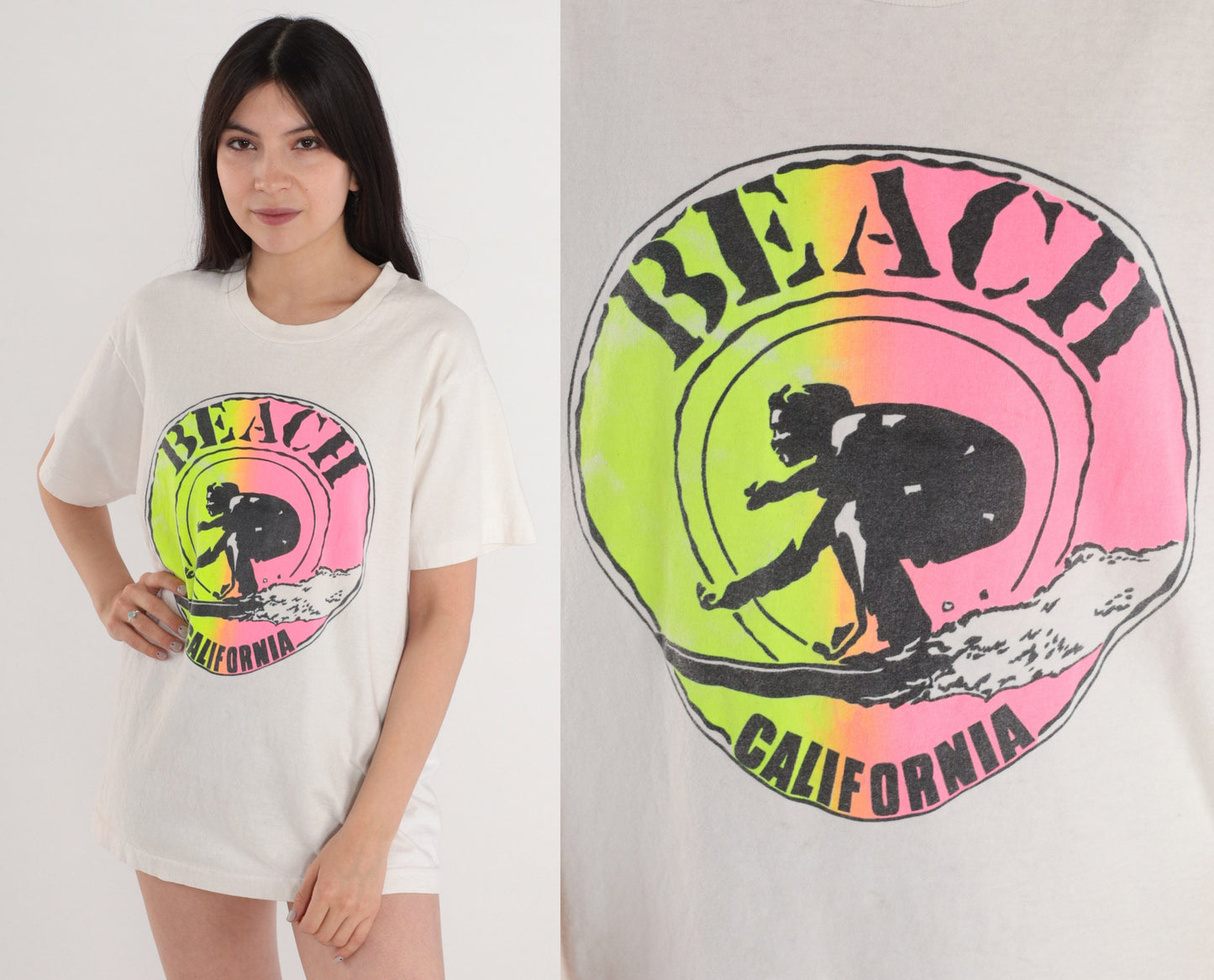 90s California Beach Surfer Graphic T-Shirt White Neon Single Stitch Large