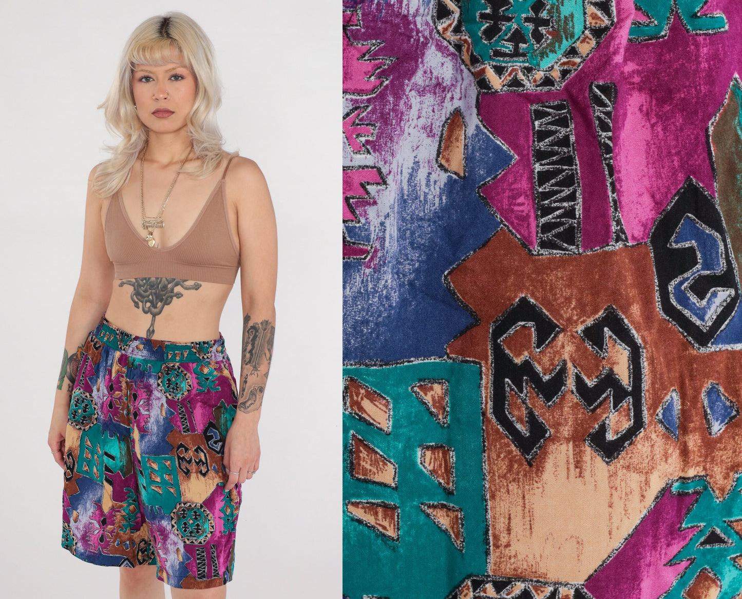 90s Abstract Geometric Print High-Waist Shorts Wide Leg Pink Green Medium Large
