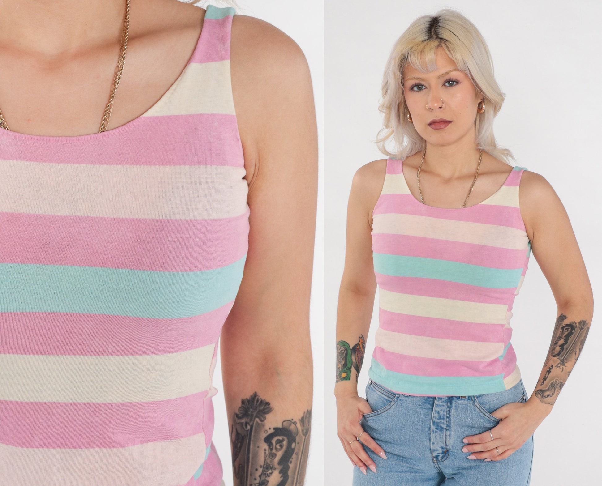 80s Striped Tank Top Multicolor Pink Blue Sleeveless Cotton Extra Small