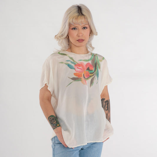 80s Iris Flower Silk Blouse Cream Semi-Sheer Short Sleeve Shirt Large