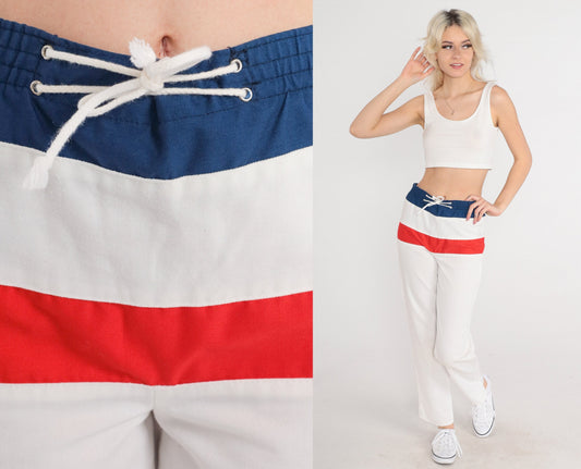 80s White Striped Track Pants Red Blue Elastic Waist Extra Small XS