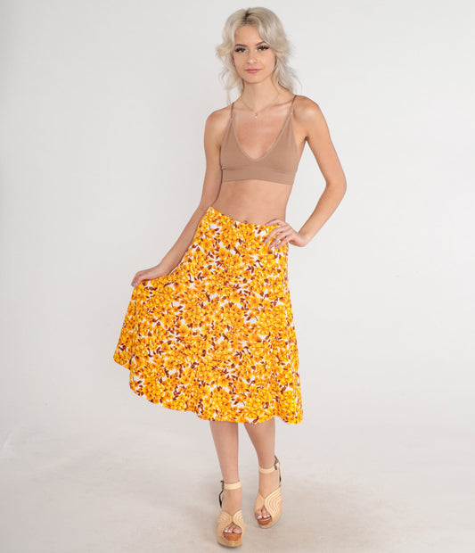 80s Floral Midi Skirt High Waist A-Line White Yellow Orange Small Medium