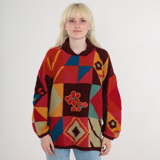 80s Geometric Floral Wool Blend Pullover Sweater Knit Red Green Orange Blue Medium Large