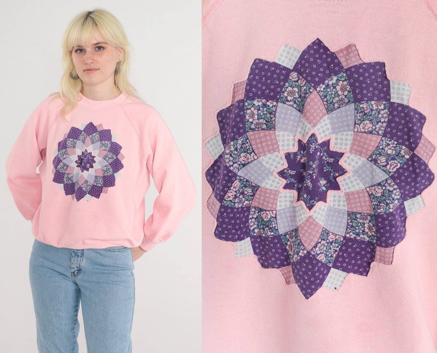 80s Quilted Floral Mandala Sweatshirt Baby Pink Raglan Crewneck Large