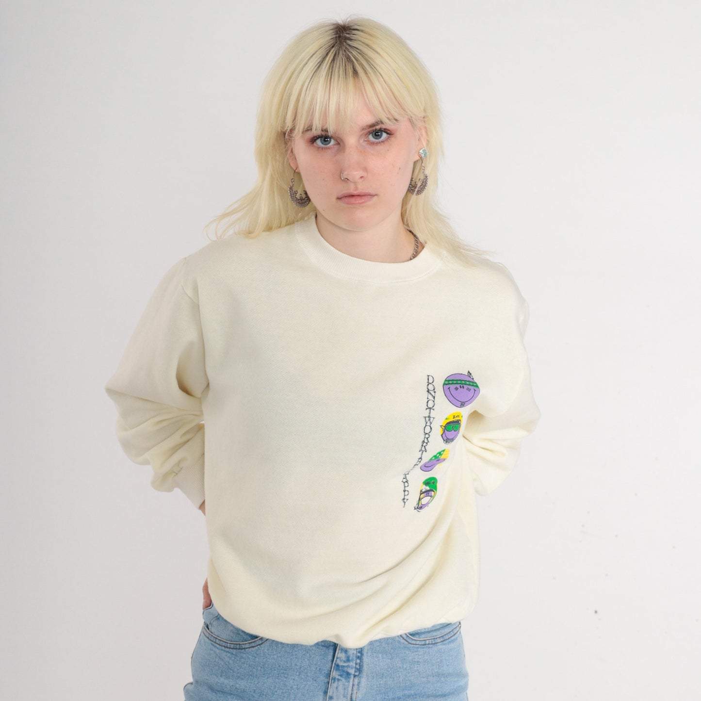 80s Smiley Face Don't Worry Be Happy Sweatshirt Cream Graphic Crewneck Large