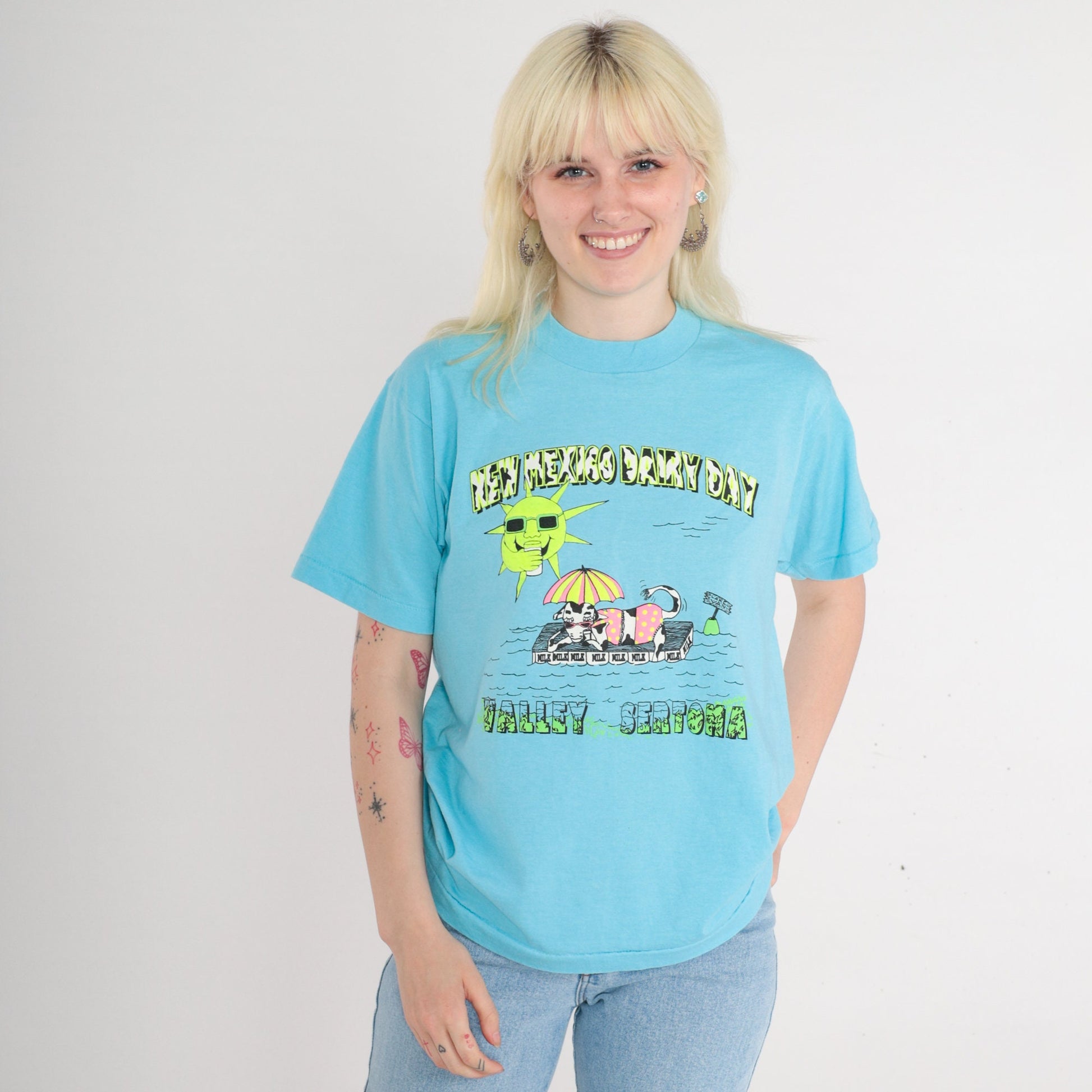 90s New Mexico Dairy Day Sertoma Graphic T-Shirt Blue Single Stitch Medium