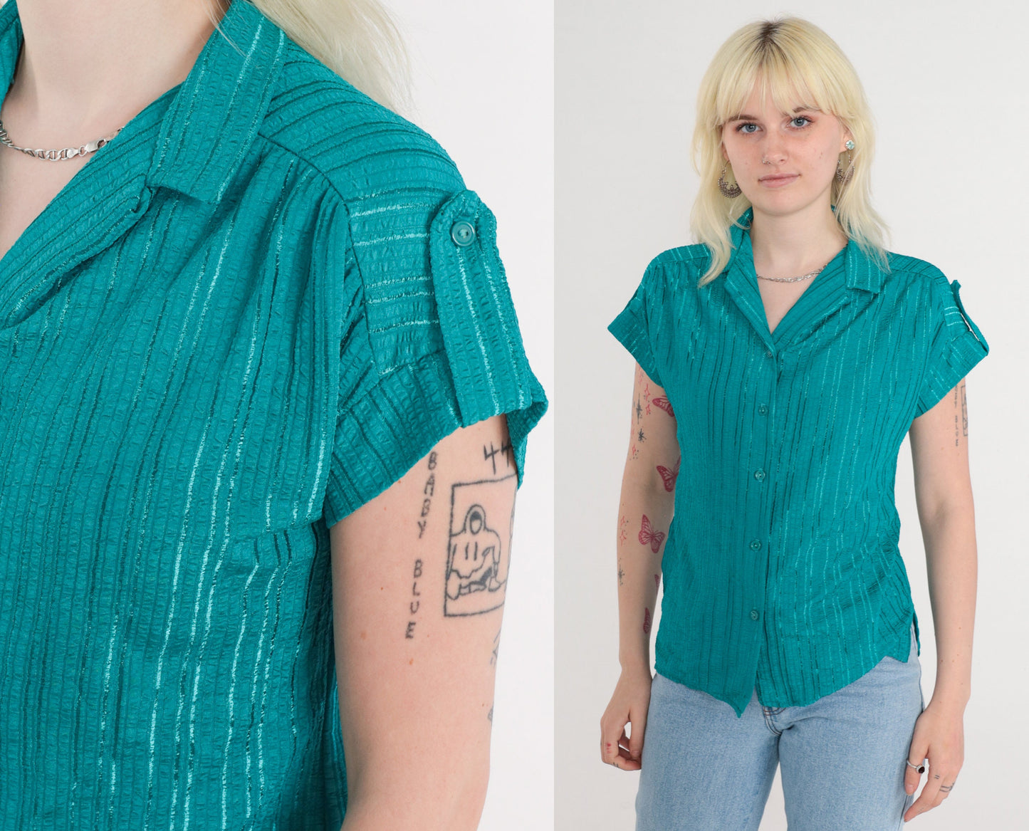 80s Teal Green Striped Button-Up Blouse Cap Sleeves V-Neck Small