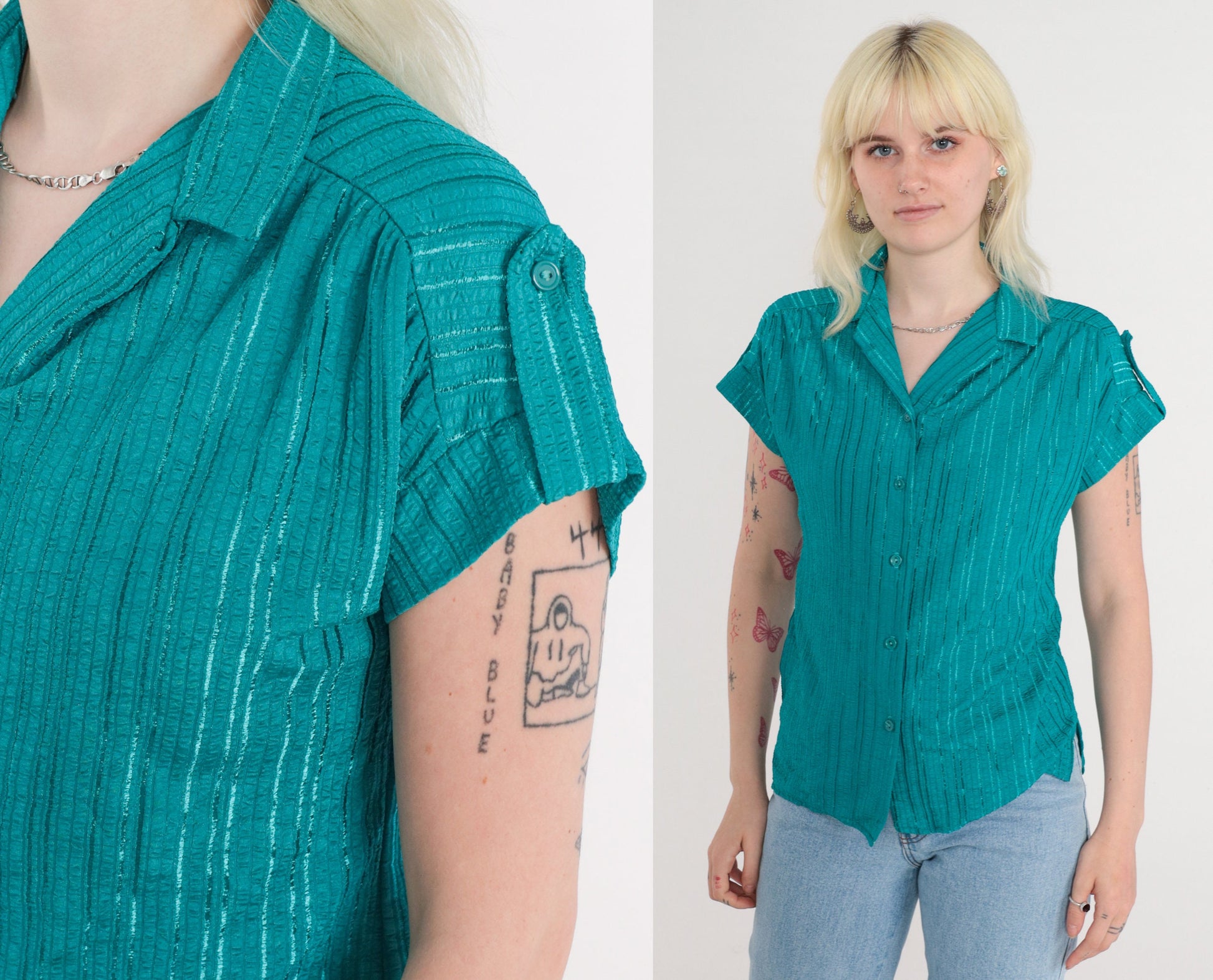 80s Teal Green Striped Button-Up Blouse Cap Sleeves V-Neck Small
