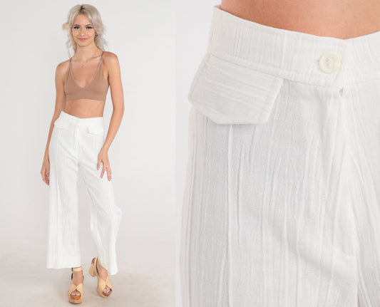 70s White Crinkled High-Rise Wide-Leg Trousers Pleated Straight Leg XS