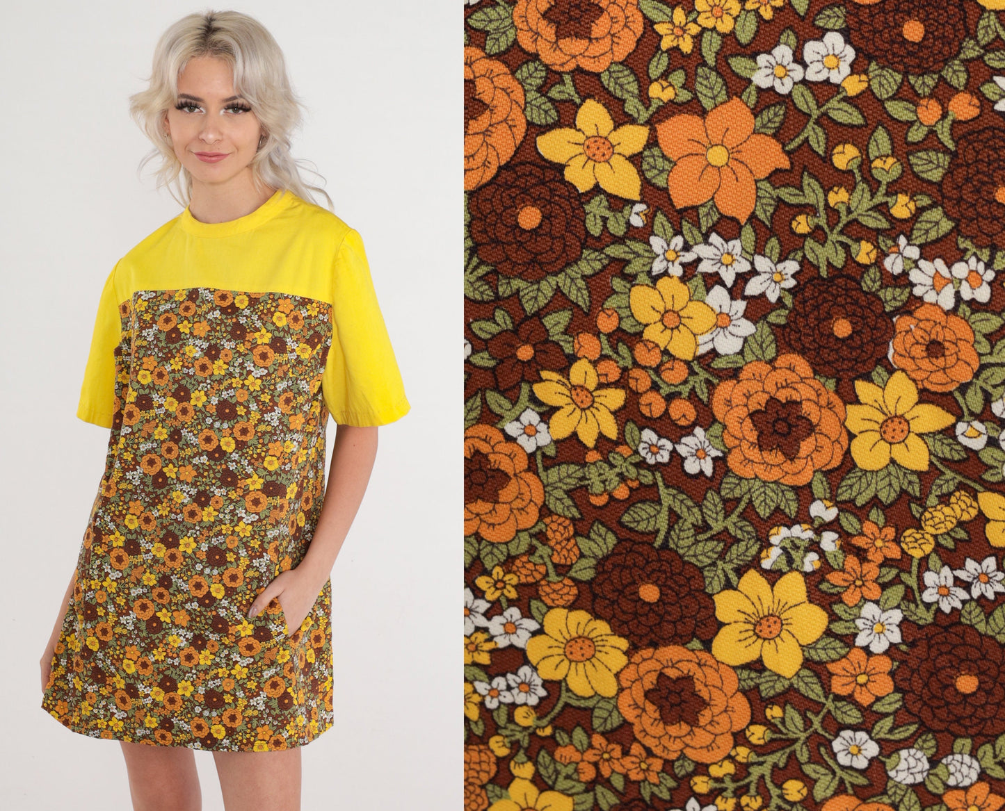 60s Floral Shift Mini Dress Yellow Yoke Short Sleeve Petite Medium