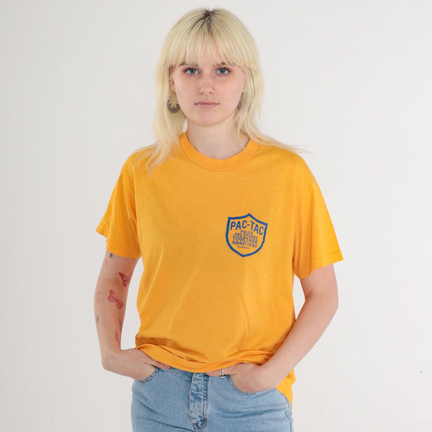 80s Rochester PAC-TAC Police Graphic T-Shirt Yellow Single Stitch Medium