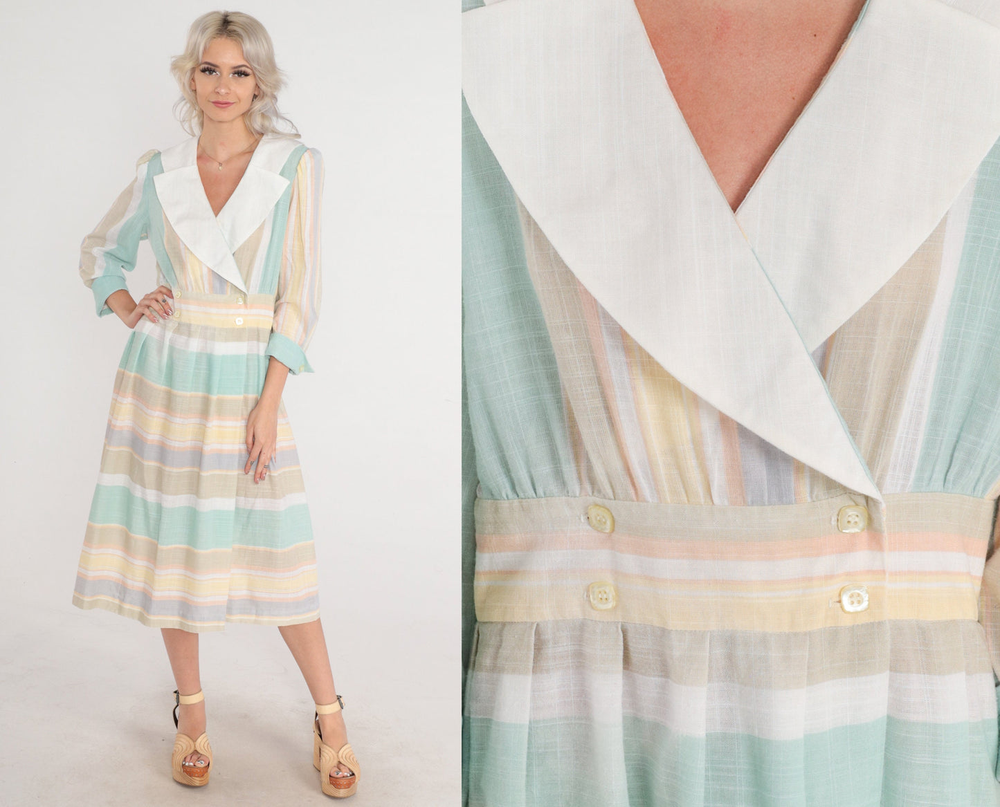 80s Striped Wrap Midi Dress Puff Sleeve Layered Collar Button Up Medium Large