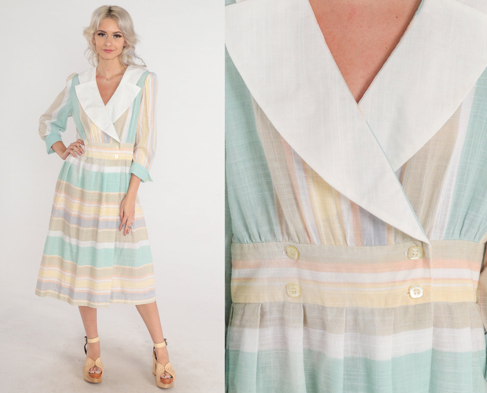 80s Striped Wrap Midi Dress Puff Sleeve Layered Collar Button Up Medium Large