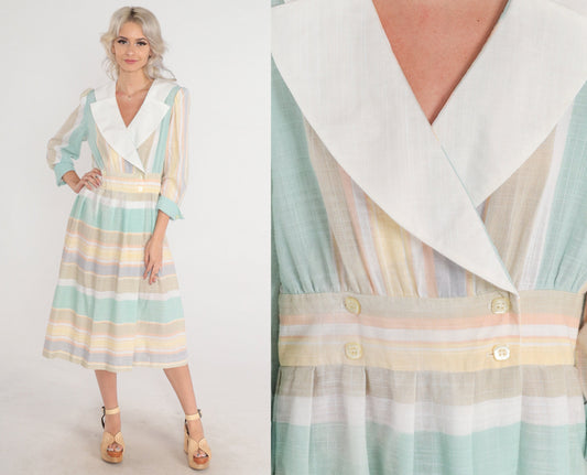 80s Striped Wrap Midi Dress Puff Sleeve Layered Collar Button Up Medium Large
