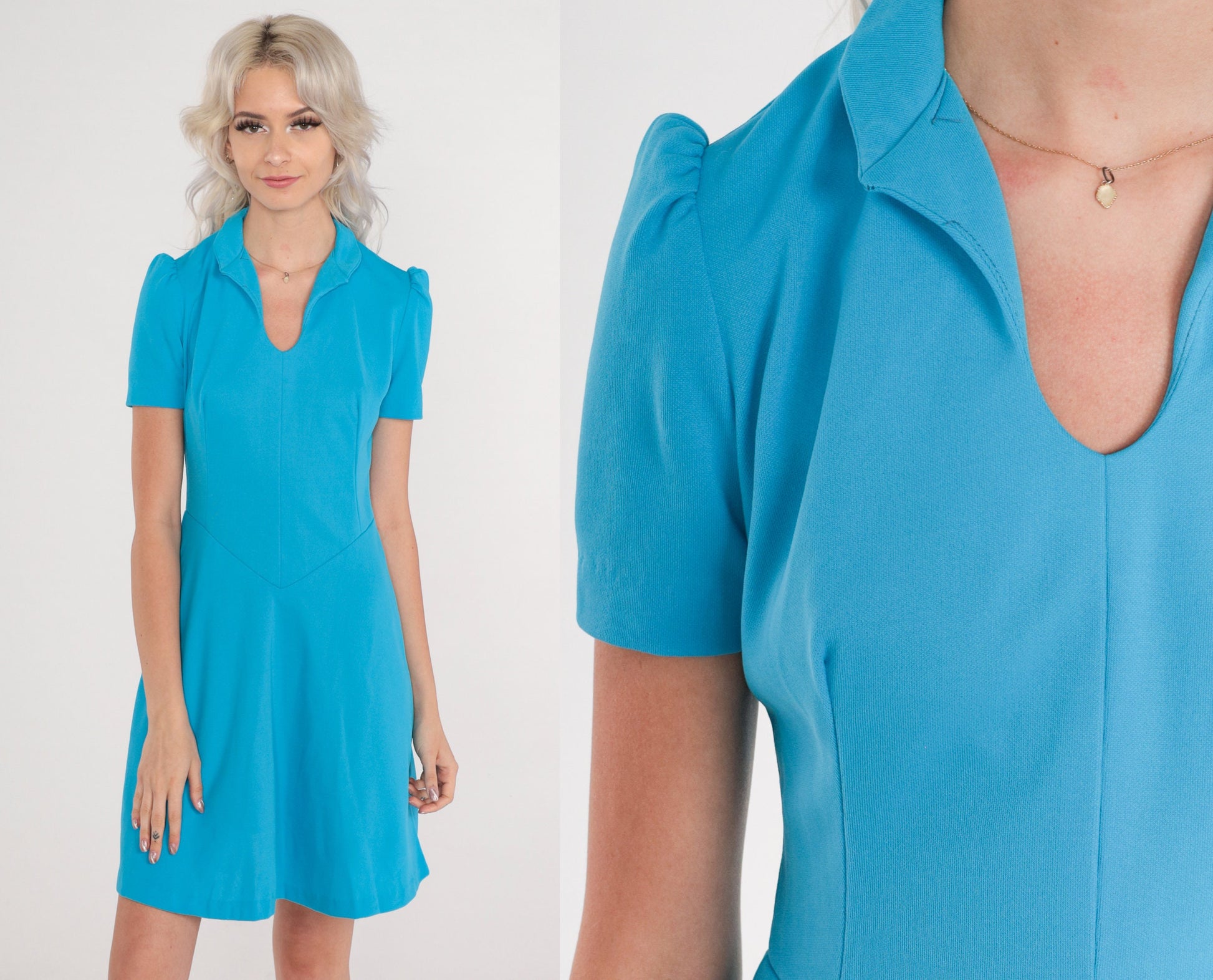 1960s Blue Mini Dress Mod Puff Sleeve Basque Waist Collared V-Neck XS