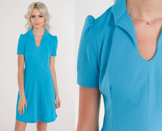 1960s Blue Mini Dress Mod Puff Sleeve Basque Waist Collared V-Neck XS