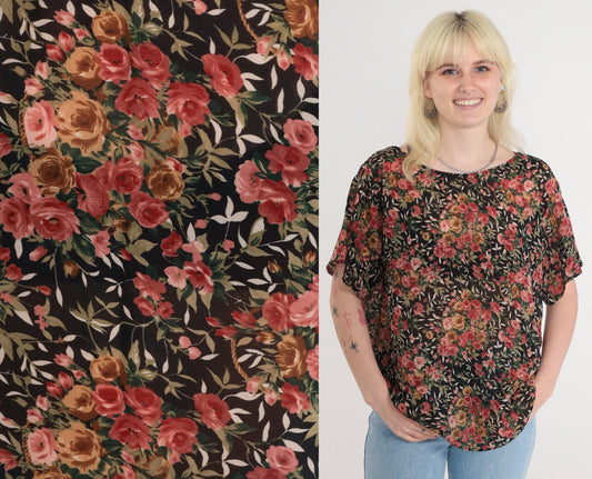 90s Black Floral Rose Print Blouse Short Sleeve Top Large L