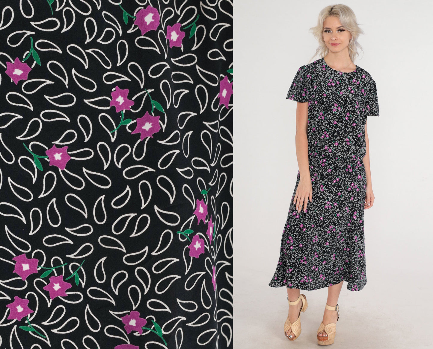 80s Black Paisley Floral Midi Dress Flutter Sleeve Keyhole Back Medium