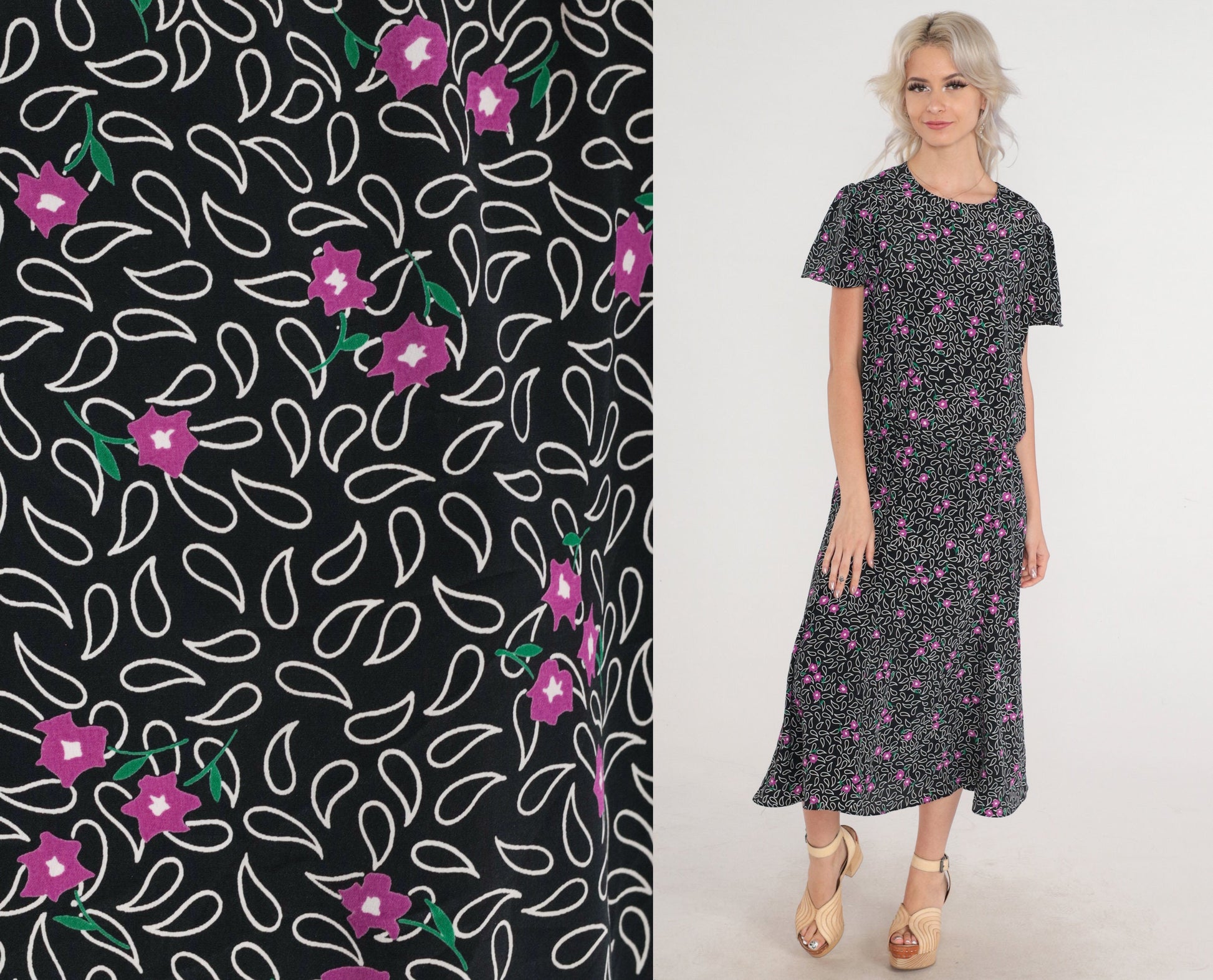 80s Black Paisley Floral Midi Dress Flutter Sleeve Keyhole Back Medium