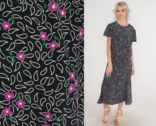 80s Black Paisley Floral Midi Dress Flutter Sleeve Keyhole Back Medium