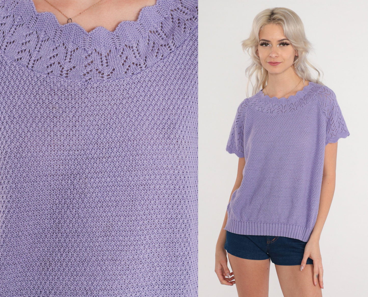 80s Purple Pointelle Knit Top Scalloped Short Sleeve Blouse Medium