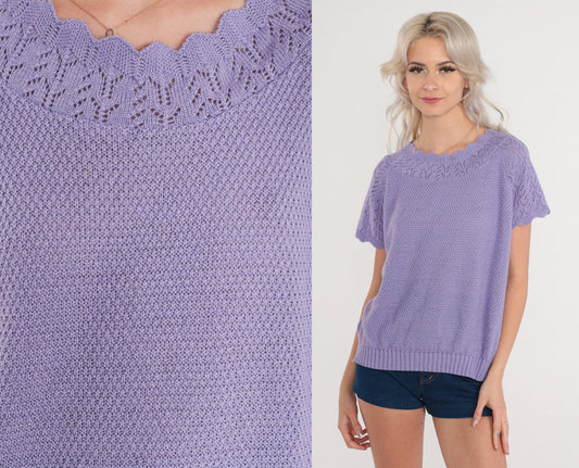80s Purple Pointelle Knit Top Scalloped Short Sleeve Blouse Medium