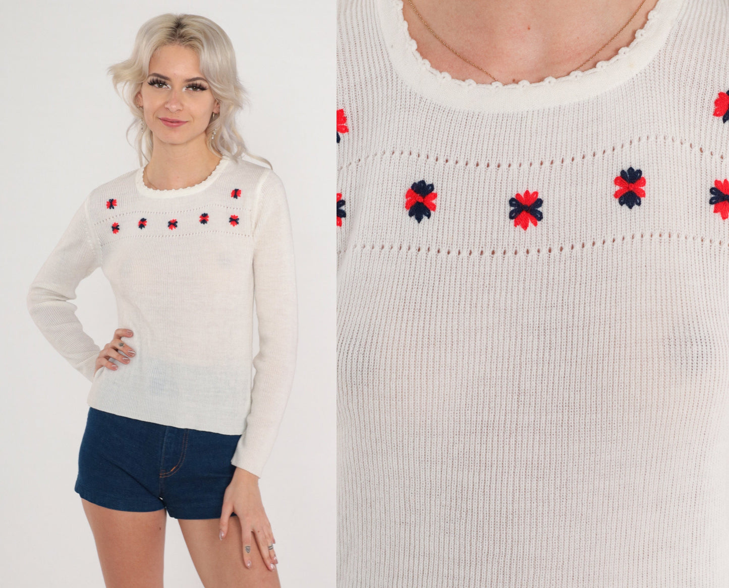 70s Floral Embroidered White Knit Pullover Sweater Cutout Small