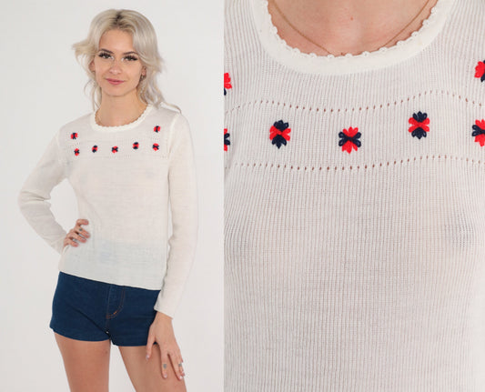 70s Floral Embroidered White Knit Pullover Sweater Cutout Small